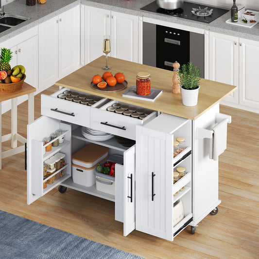 Kitchen Island With Drop Leaf, Storage Trolley With 3-tier Pull-out Cabinet Organizer, Internal Storage Rack, Rolling Cart With Towel Holder & 2 Drawers For Dining Room, White