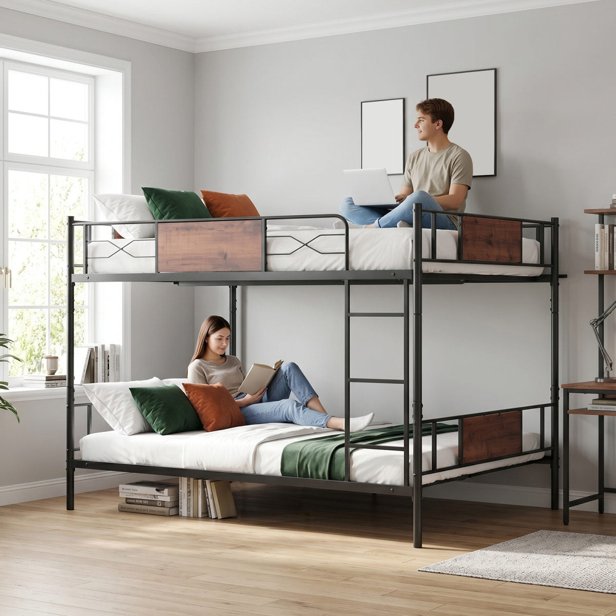 Full Over Full Bunk Bed Detachable Metal Bunk Bed Frame With Higher Guardrail Ladder Under Bed Storage No Box Spring Needed For Dormitory Kids' Room