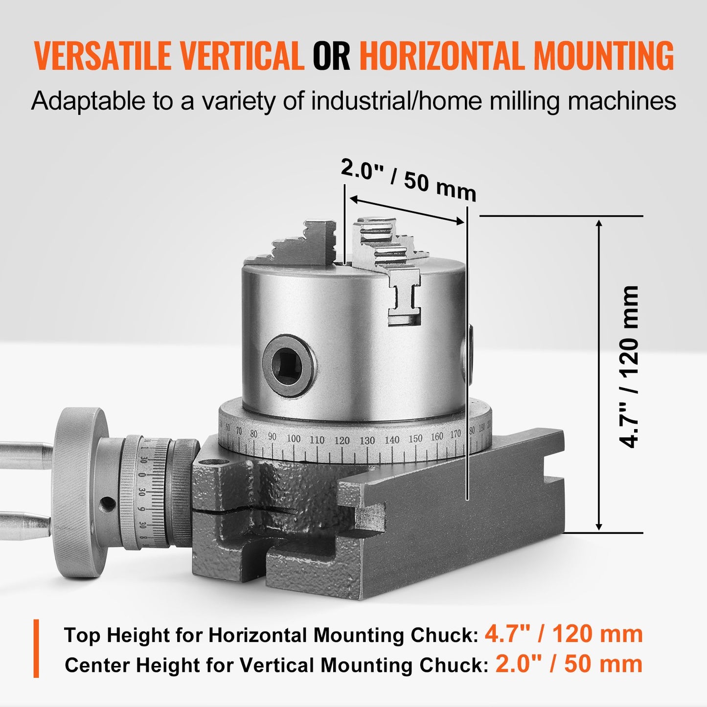 Rotary Table For Milling Machines, 4''/ 100 Mm, Horizontal Vertical Model Precision Milling Rotary Table, With 3.1''/80 Mm 3-Jaw Chuck M10 T-Bolts Nuts, For Milling Engineering Indexing Tools