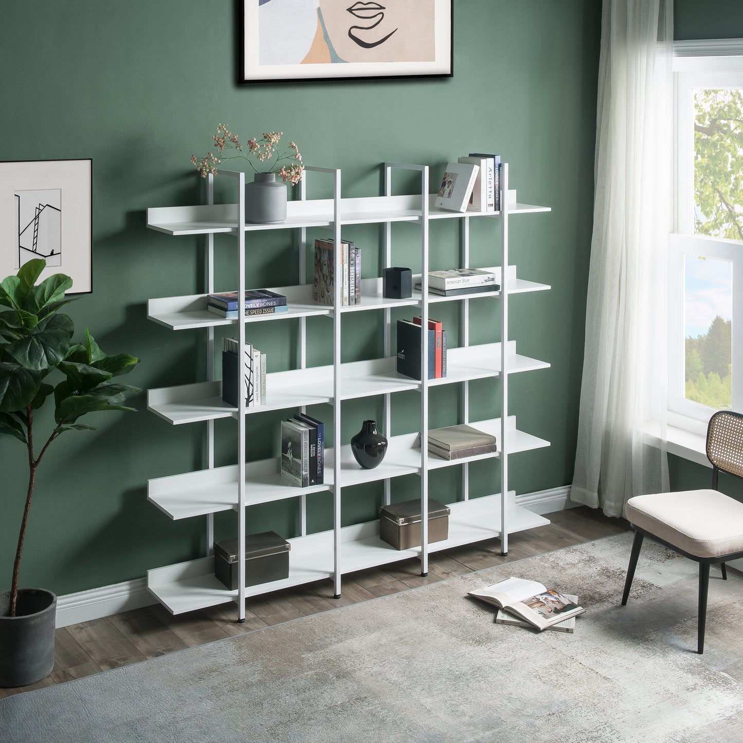 5 Tier Bookcase Home Office Open Bookshelf, Vintage Industrial Style Shelf With Metal Frame, MDF Board  Old Sku WF286176AAK N725P247766W