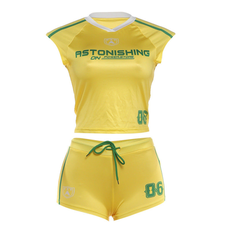 Womens Fashion Letter-Print Sleeveless T-Shirt And Sports Shorts Set