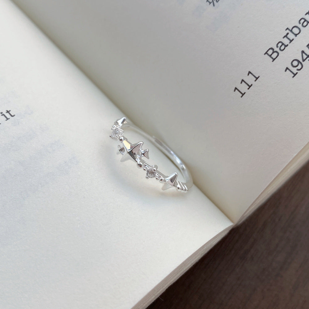 S999 Fine Silver Four-pointed Star Zircon Ring Korean Style Women Jewelry