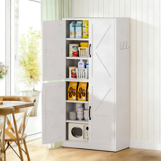 White Steel Kitchen Pantry Storage Cabinet With Adjustable Shelves, Heavy-duty Country Cabinet For Kitchens, Bathrooms And Living Rooms