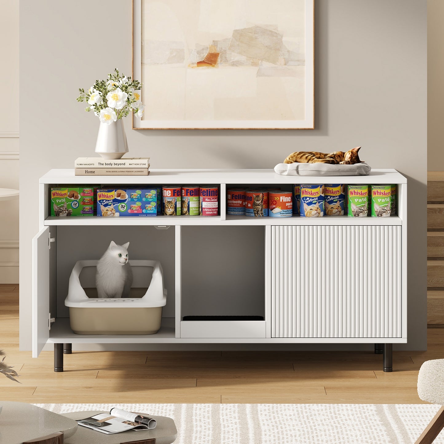 Cat Litter Cabinet Cat Litter Cabinet With Sand Collecting Mat, Pet Cabinet With Shelf, Pet Sideboard TV Cabinet, Without Cat Litter Tray, 120x50x66cm, White
