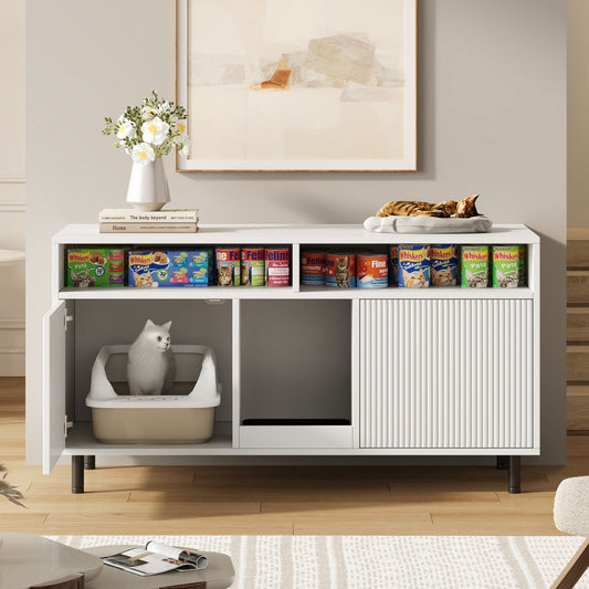 Cat Litter Cabinet Cat Litter Cabinet With Sand Collecting Mat, Pet Cabinet With Shelf, Pet Sideboard TV Cabinet, Without Cat Litter Tray, 120x50x66cm, White