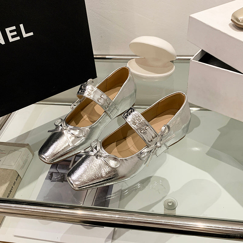 2026 New Summer Silver Hidden Heel Mary Janes For Women, French Ballet Flat Shoes With Single Strap, Match Dresses Perfectly
