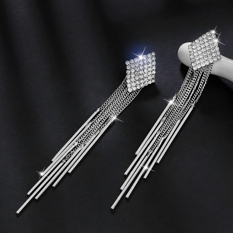 1 Pair 999 Sterling Silver Full Diamond Square Long Tassel Drop Earrings, Sparkly & Elegant, Perfect For Daily, Dating & Parties, Ideal Valentine's Gift