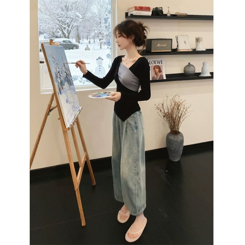 Korean-style Irregular Color-Block Patchwork Long-Sleeve Top For Women