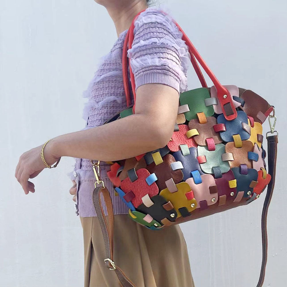 Fashionable Handmade Patchwork Square Handbag With Cross-Body Strap For Women