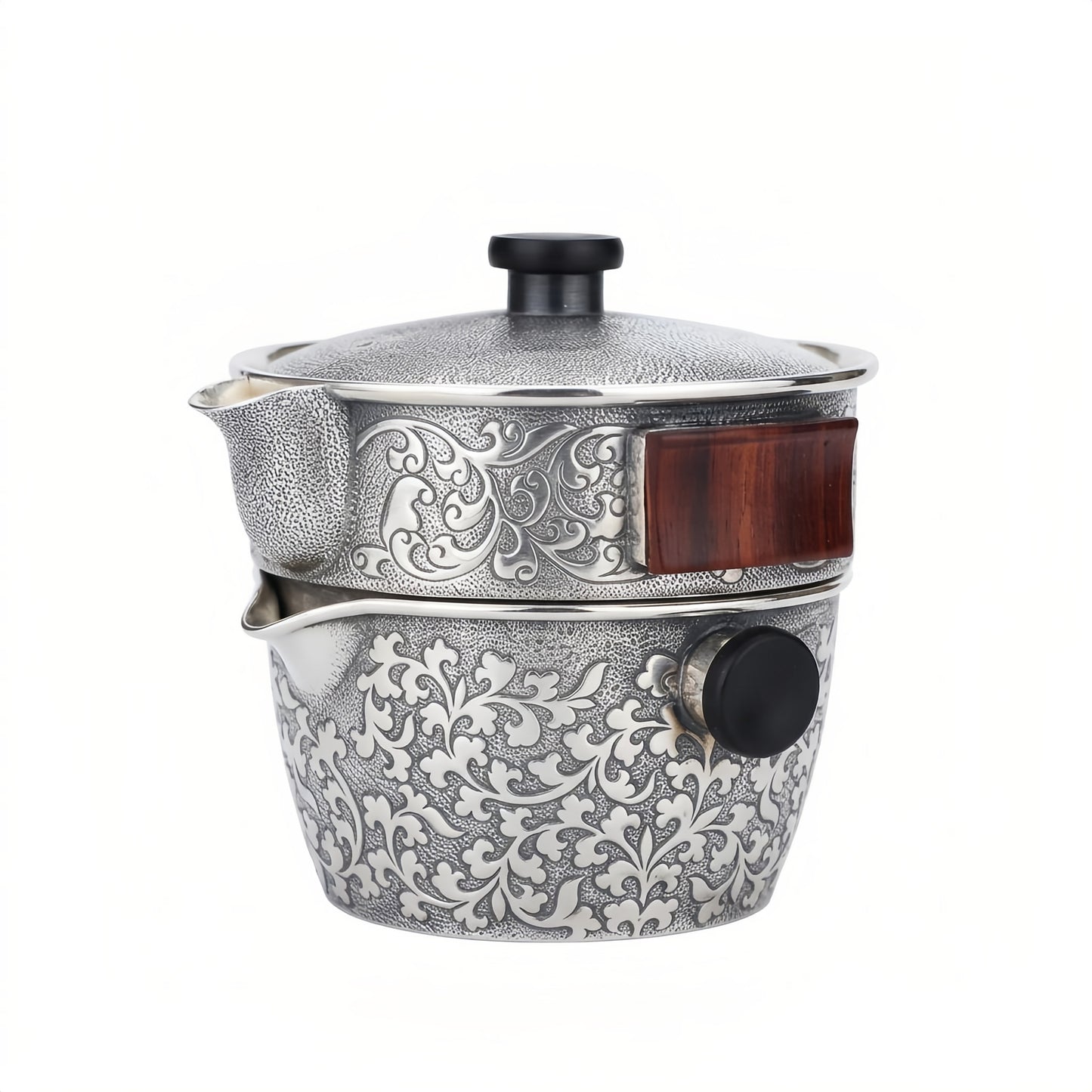 925 Sterling Silver Ornate Engraved Silver Tea Set with Wooden Accents and Floral Motifs - Handicraft