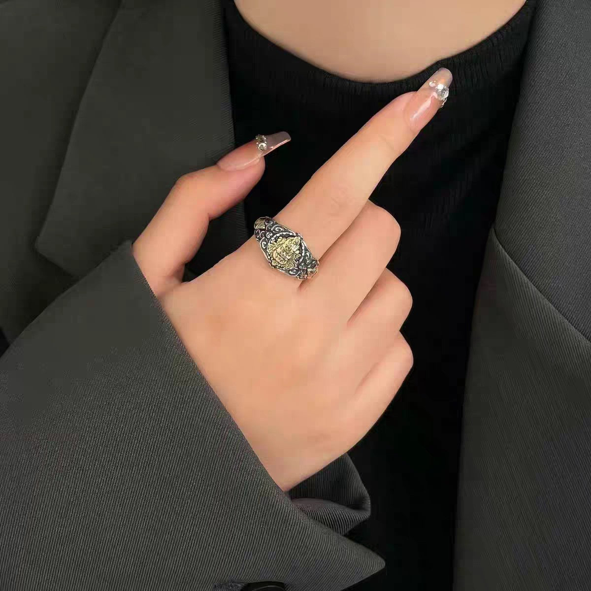 1pc 999 Sterling Silver Two-tone Wealth God Open Ring, Retro Ethnic Style, Perfect For Daily Wear & Valentine's Day Gift