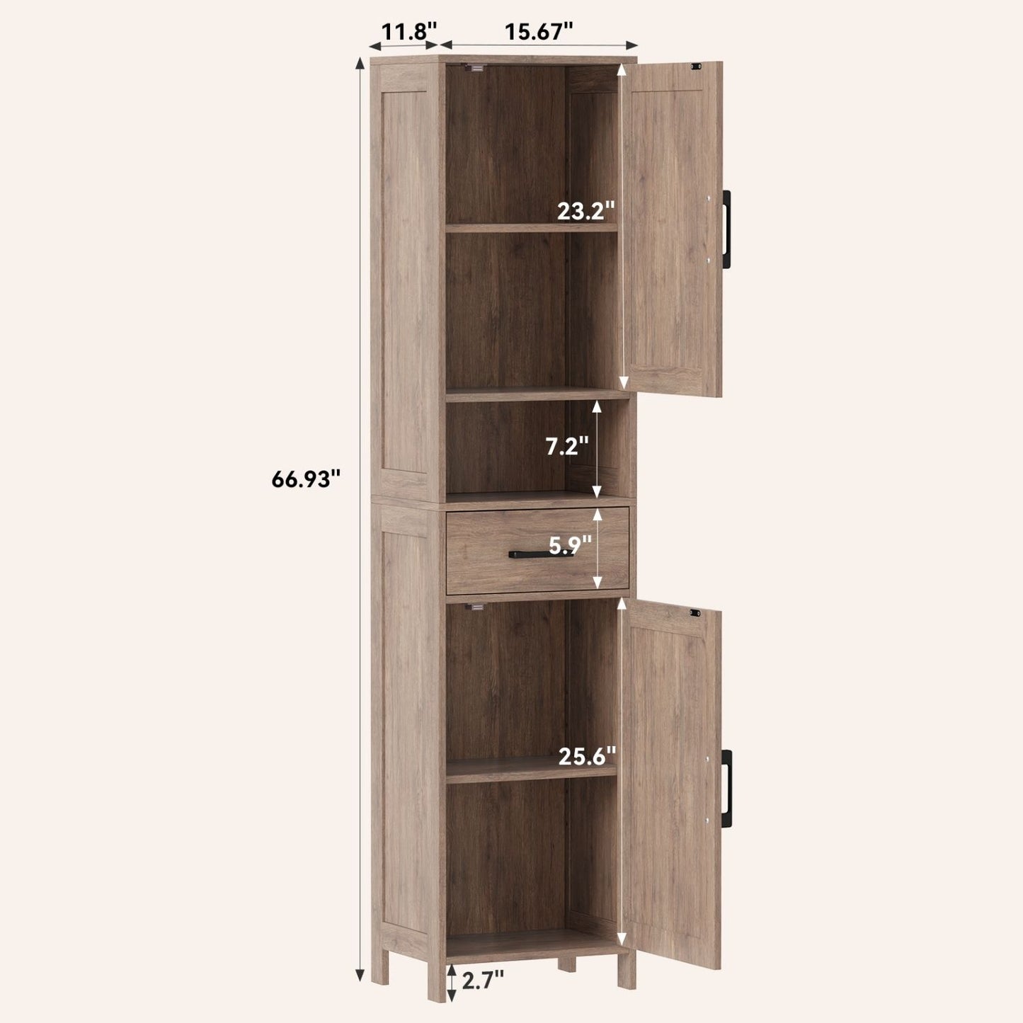 Tall Narrow Storage Cabinet, 2 Barn Doors With Drawer, Adjustable Shelves, Floor Cabinet For Bathroom, Living Room, Entryway, Kitchen