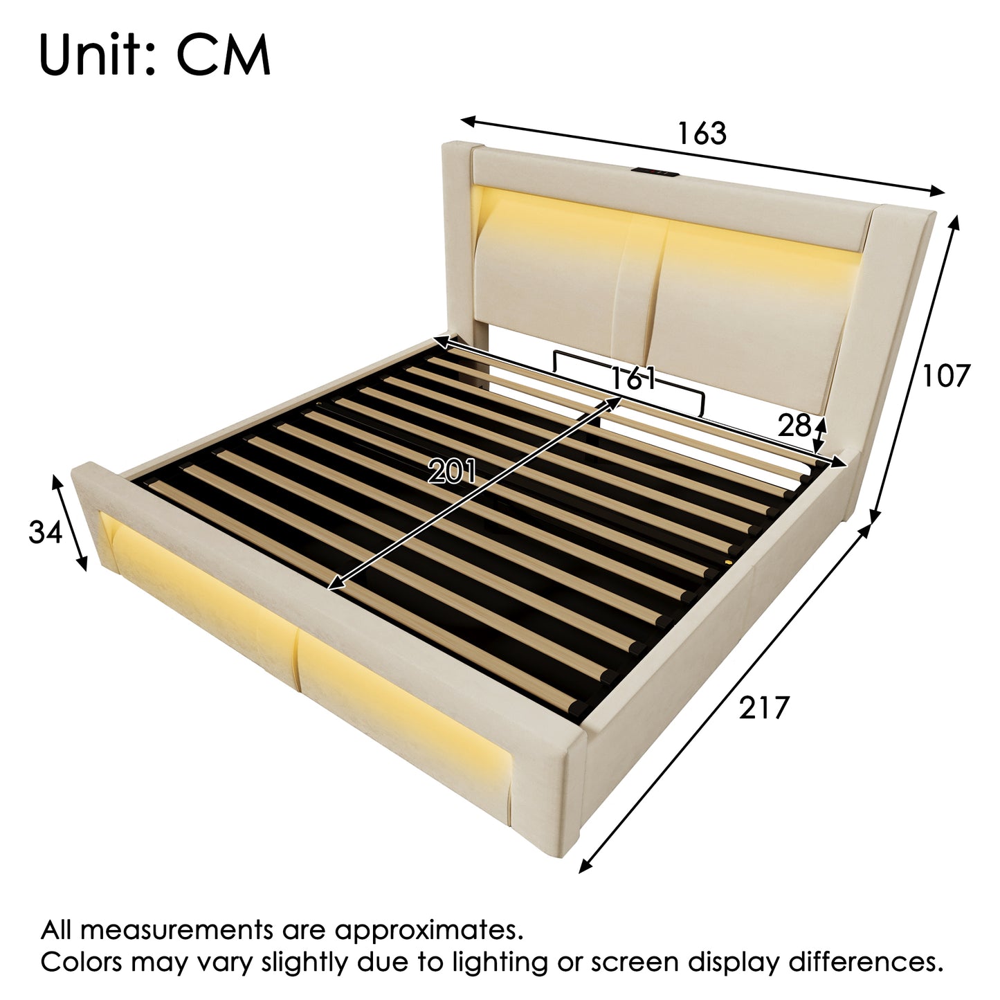Double Bed 160x200 Cm With Storage, Hydraulic Bed, LED Lighting With App Control, USB & Type-C Charging Ports, Velvet, Headboard With Curved Design, Beige, Without Mattress