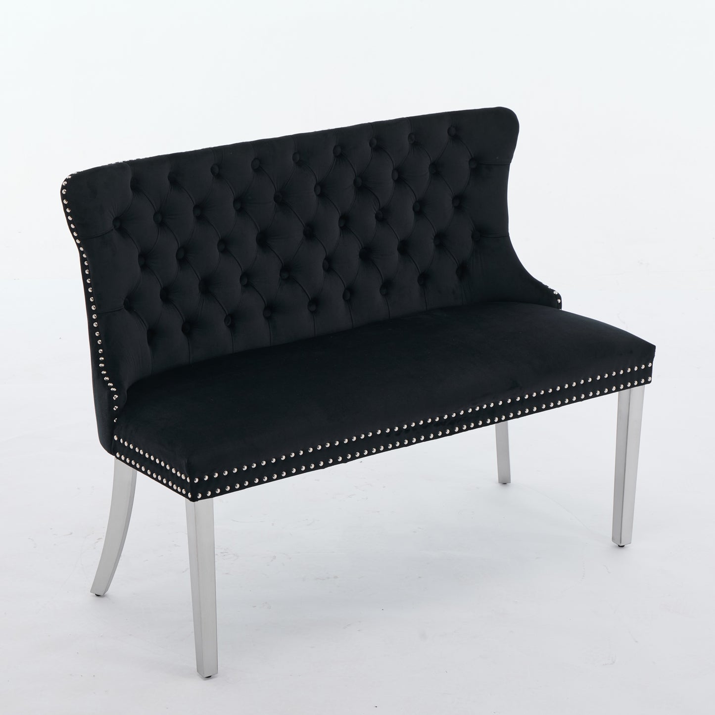 Velvet Double Dining Loveseat Bench, Kitchen & Dining Seating, 2-Seat Tufted Bench W Handmade Buttons, Wing Back, Brushed Silver Stainless Steel Legs, Mid Century Modern,Single Pack,Black,DE1702BK