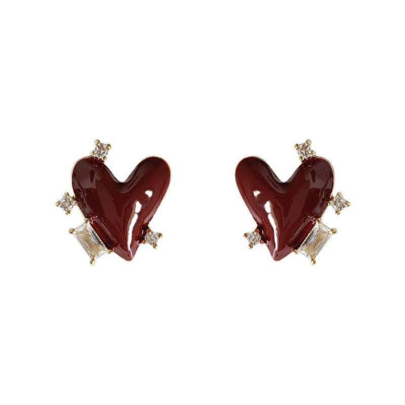 French Style Burgundy Enamel Earrings For Women Vintage Elegant Stud Earrings Luxury Fashion Jewelry Wholesale