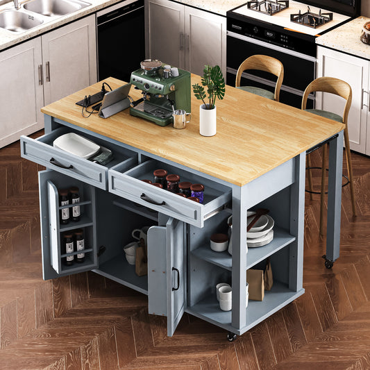K&K 47 Inch Kitchen Island With Extendable Dining Table, Rubber Wood Veneer Kitchen Table With Internal Storage Rack, Power Outlet, Kitchen Island With Storage 2 Drawers 2 Cabinet,Grey Blue