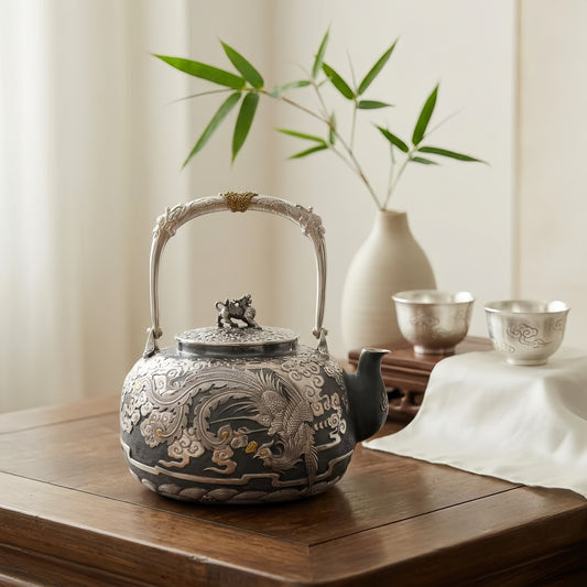 925 Sterling Silver Ornate Handcrafted Silver Tea Kettle with Phoenix Motifs and Lion Finial - Handicraft