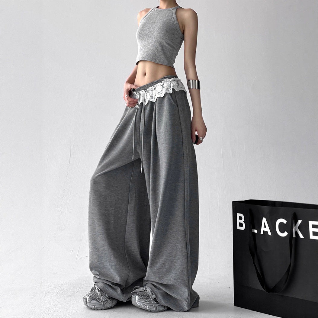 Solid-color Loose-fit Lace Drawstring Casual Korean-style Draping Sporty Laid-back Style