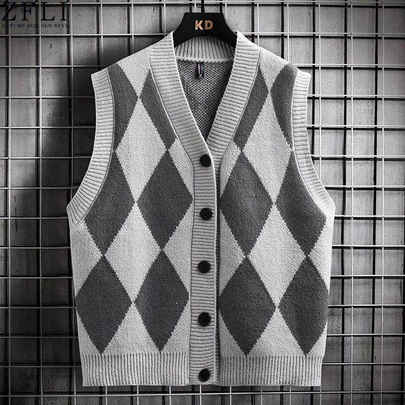 Mens Korean-style Diamond-Pattern Early-Autumn Knitted Vest For Teens