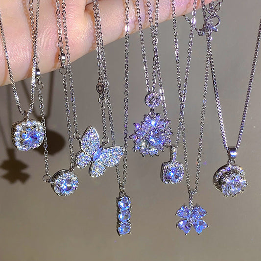 High-End Accessible Luxury Diamond-Encrusted Zircon Titanium Steel Necklace Women's Ins Style Flash Diamond Sugar Cube Pendant Clavicle Chain Accessories Wholesale