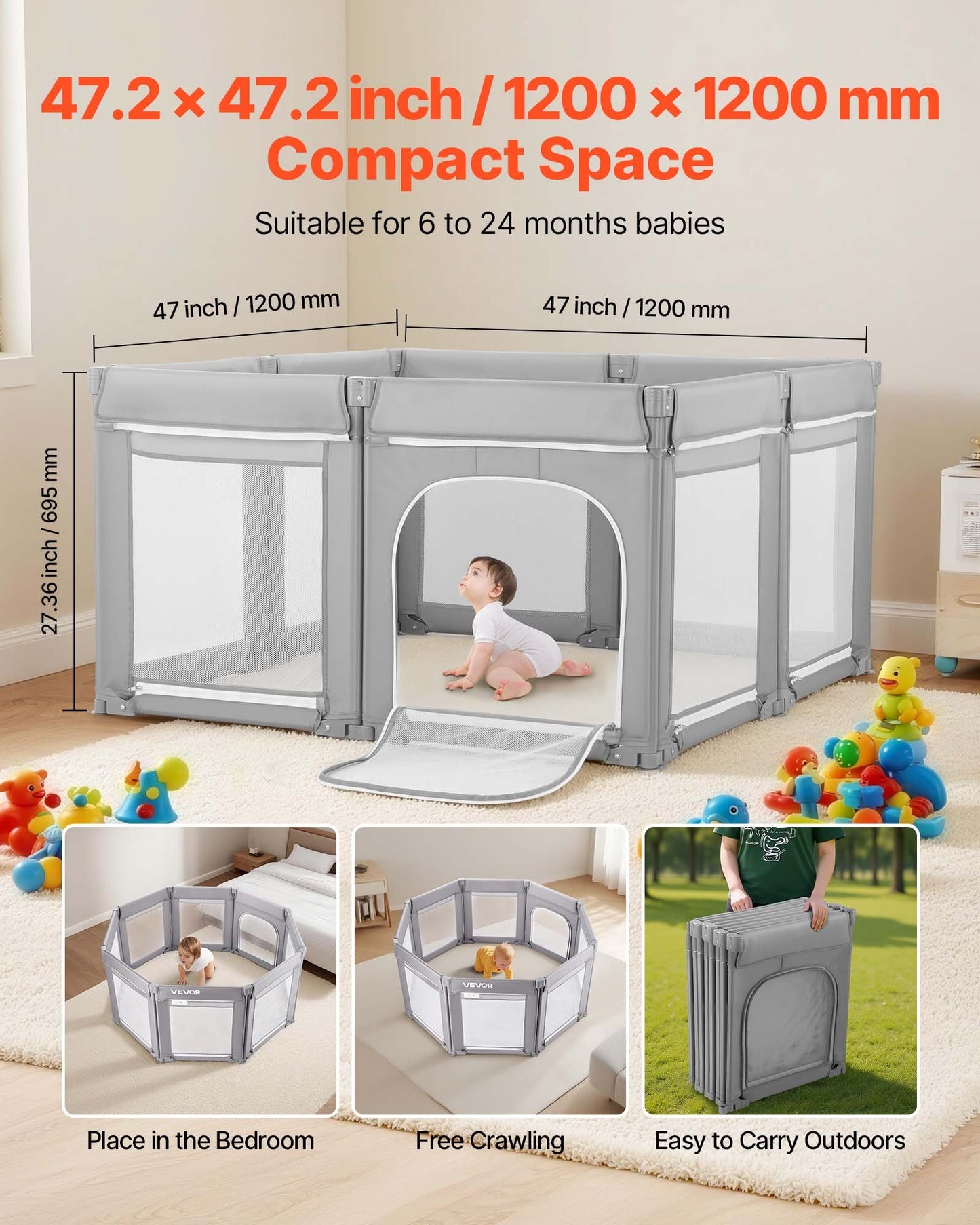 Baby Playpen, 47.2″ X 47.2″ Foldable Toddlers Playpen, Indoor/Outdoor Baby Fence Play Yard With Zippered Door & Soft Breathable Mesh, No-Gap Toddlers Activity Center For 6 -24 Months Babies