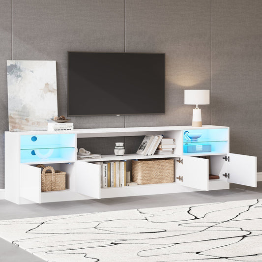 TV Cabinet With LED Lighting, Open Cabinet, 4 Hinged Doors, 8 Storage Spaces, White High-gloss Cabinet, TV Stand For TVs Up To 75 Inches, TV Lowboard For Living Room, Dining Room, 180 X 35 X 60 Cm