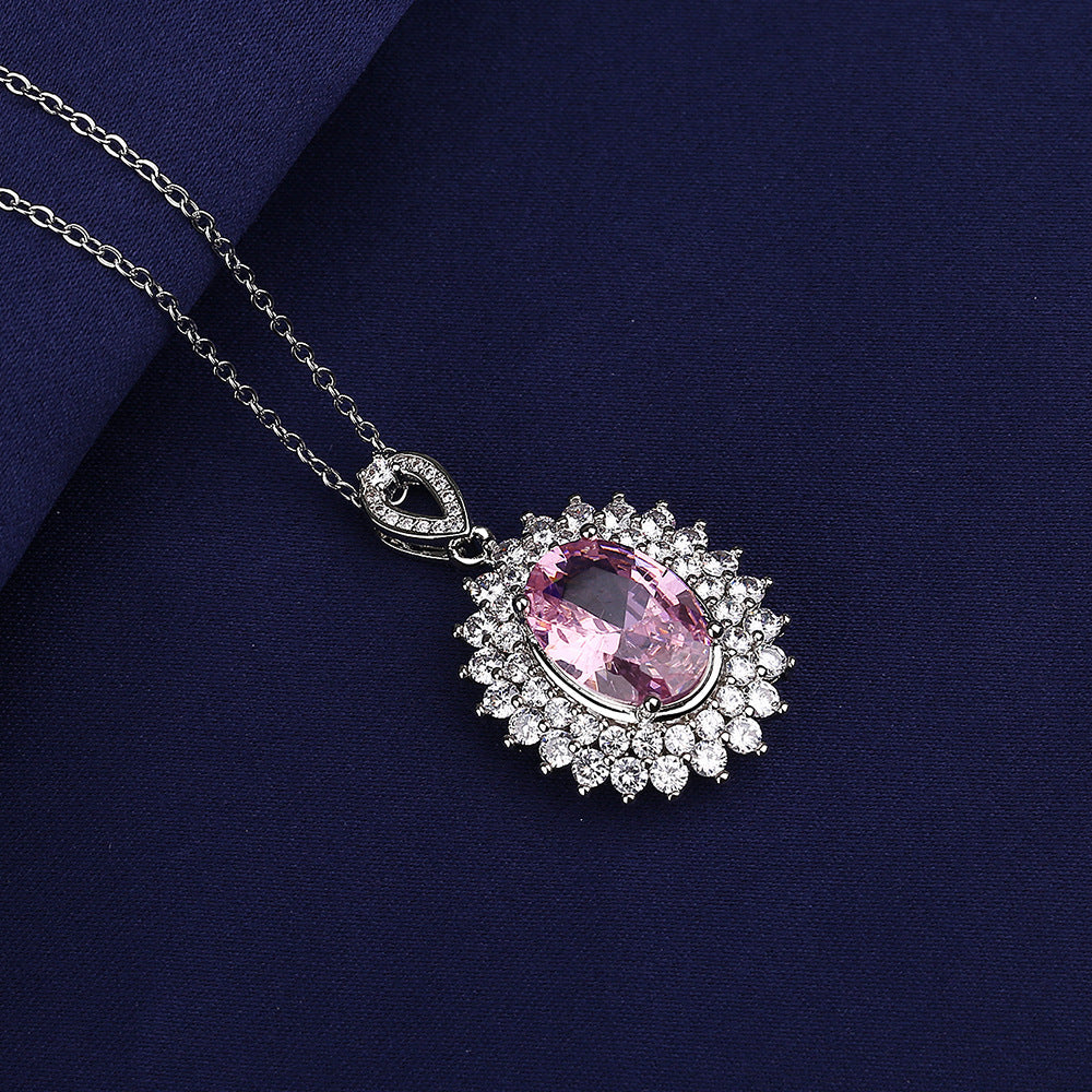 Europe And The United States Cross-border Wish Best Selling Diamond Egg-shaped Powder Zirconium Single Pendant Sunflower Necklace Temperament Female Cross Chain