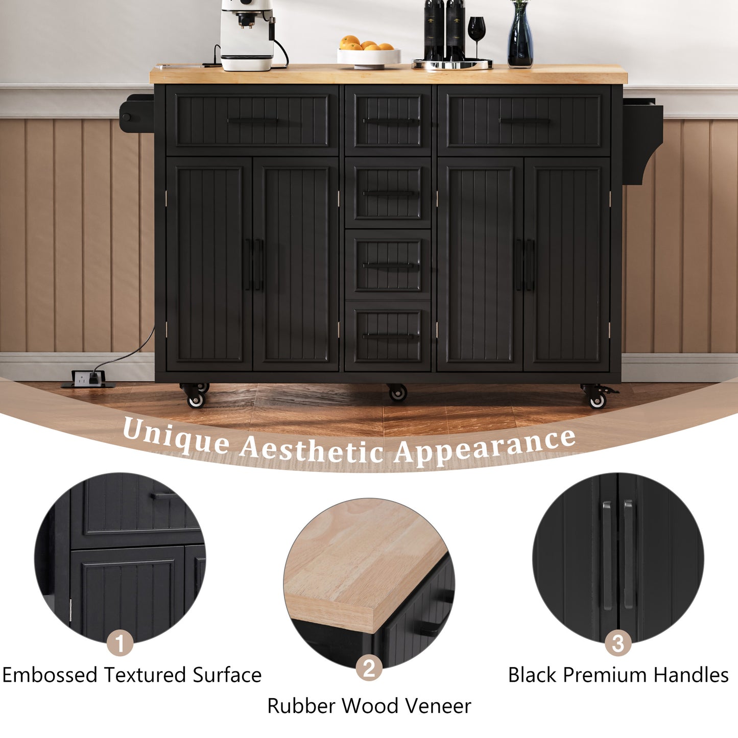 K&K 56.5   Kitchen Island With Drop Leaf, Power Outlet, Embossed Vertical Stripe Rolling Kitchen Cart On Wheels With 4 Doors , 5 Deep Drawers And Adjustable Shelves, For Kitchen, Dining Room, Black
