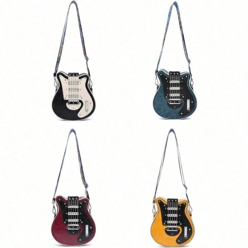 Romantic Gifts Personality Novelty Guitar Shaped Crossbody Bag Style Rivets Decor Shoulder Handbag For Women. Tote Bags For Women, Black Bag, Shoulder Bag, Crossbody Bag, Valentine's Day Gifts