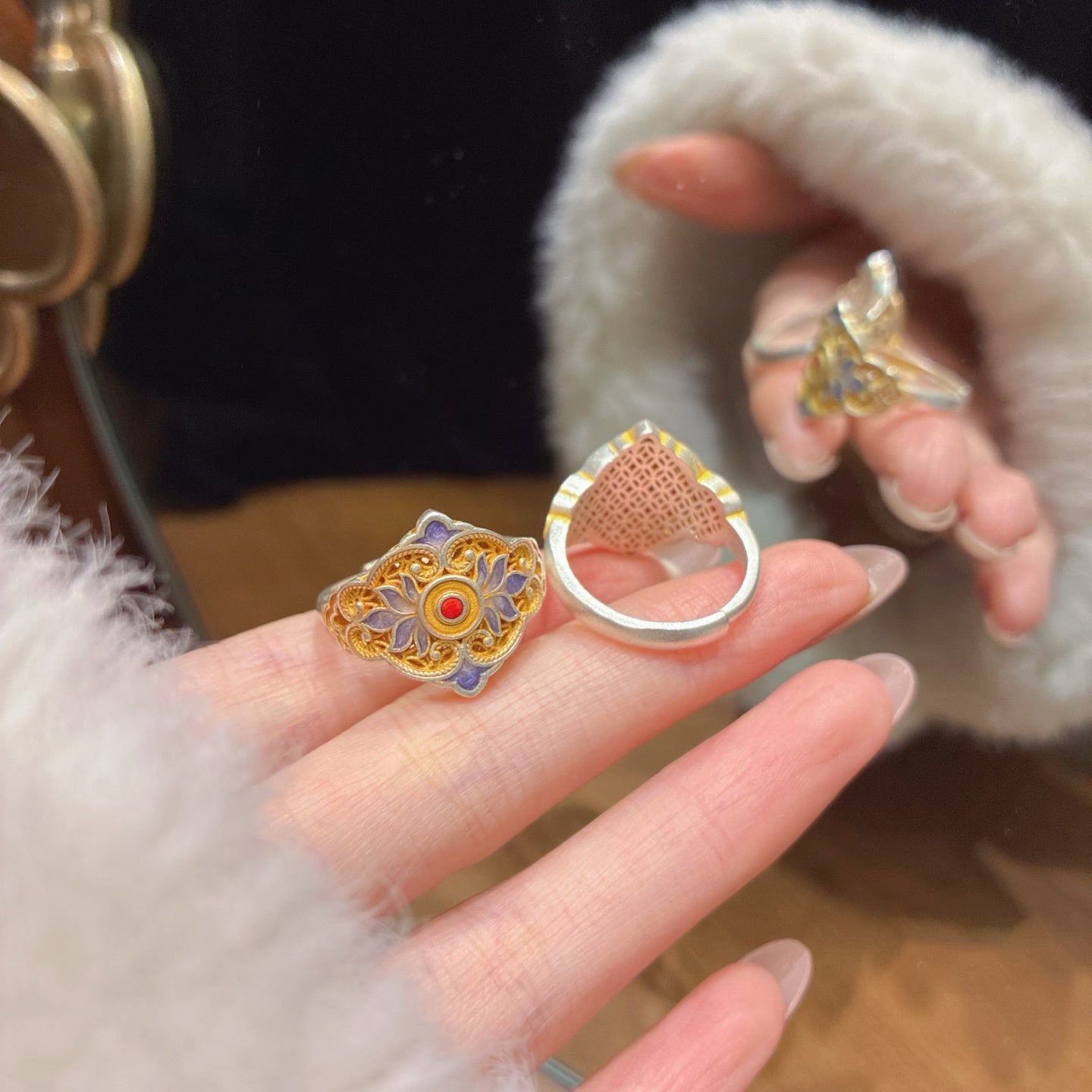1pcs 999.9 Sterling Silver Filigree Enamel Flower Statement Ring, Luxury Retro Style, Ideal For Birthdays & Holiday Gifts