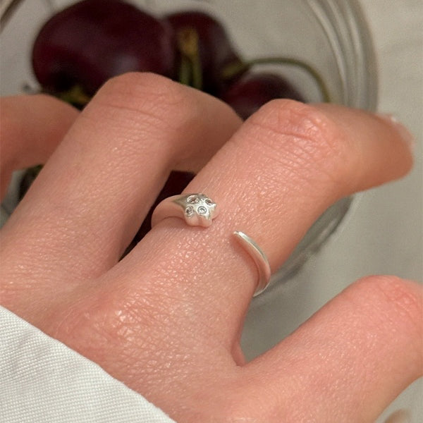 1pc 999 Sterling Silver Zircon Cat Paw Open Ring, Cute & Sweet Style, Perfect For Daily Wear & Valentine's Day Gift