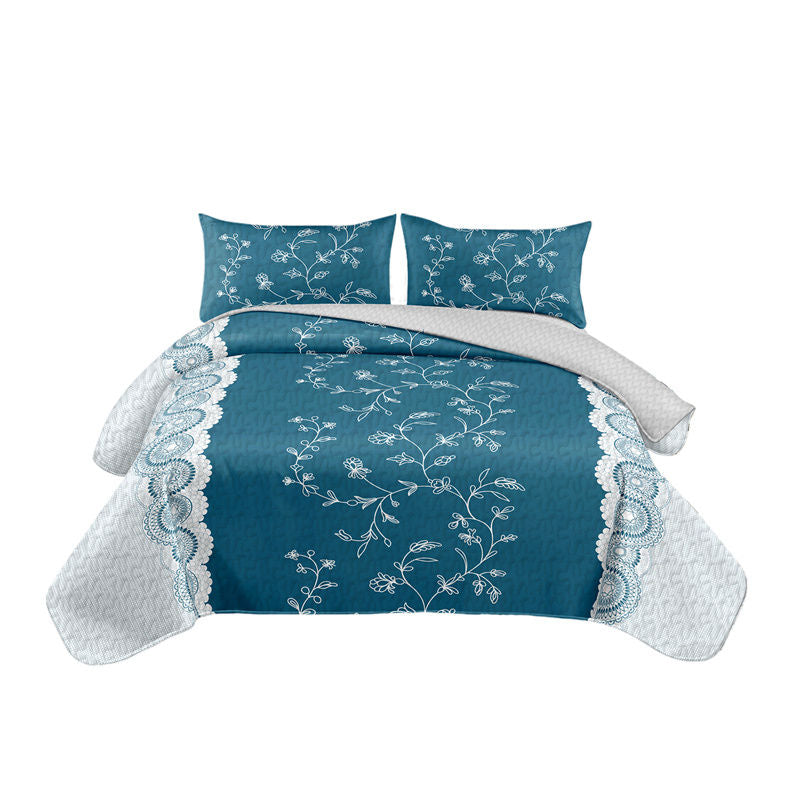 Teal Floral 3-Piece Quilt Set With 2 Matching Pillow Shams, 130 GSM Microfiber Designer Bedspread, Easy-Care Pet-Friendly Bedding