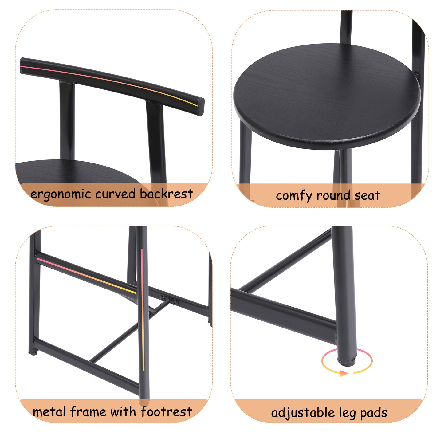 27 H Barstool Set Of 3 Wooden Round Bar Stools With Footrest Modern Kitchen Chairs For Counter  Black & Black