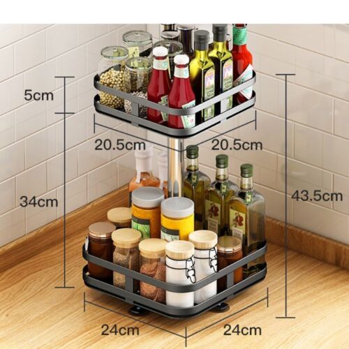 Square Rotating Kitchen Storage Spice Organiser Rack Pantry Bathroom Black 2 Tiers