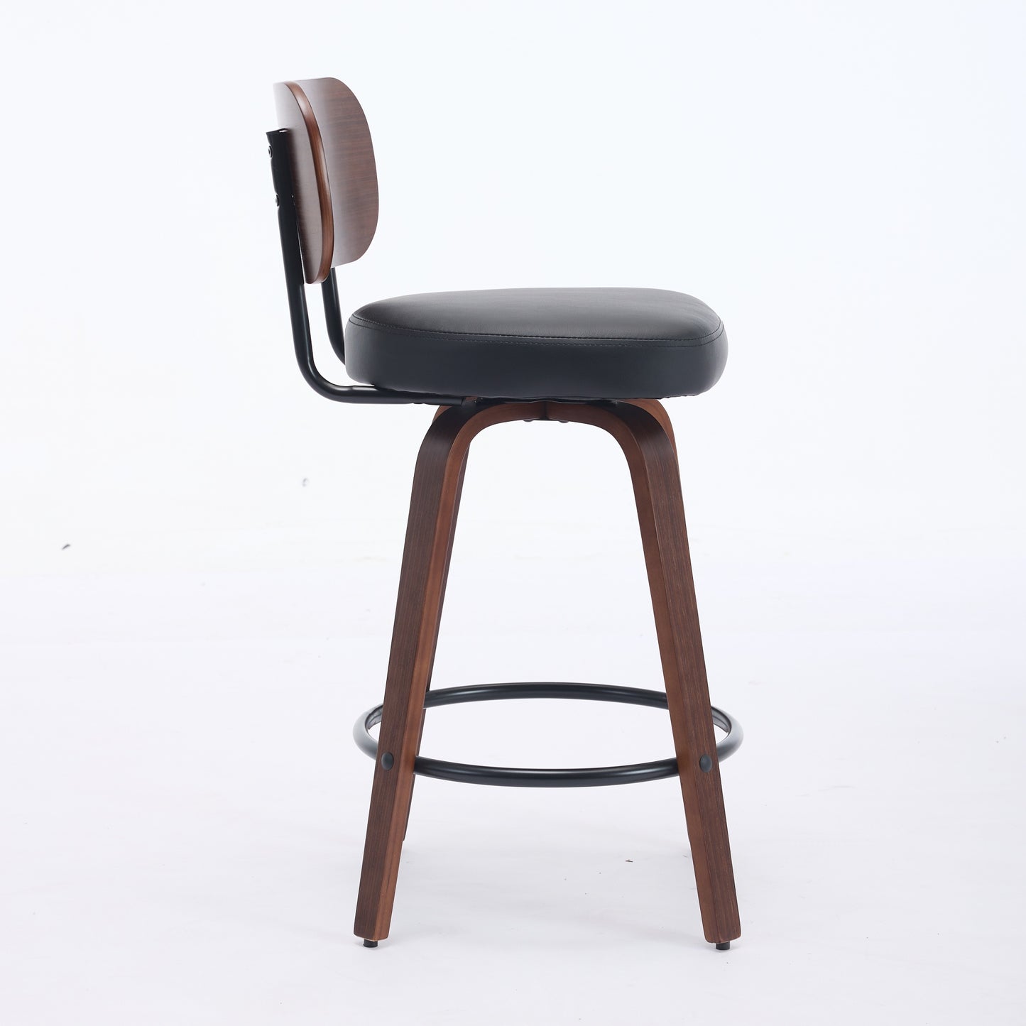 Swivel Bar Stools Set Of 2, 26  Upholstered Faux Leather Counter Height Barstools With Walnut Back & Bentwood Legs, Mid Century Modern Bar Chairs Island Stools For Kitchen Counter, Black PU, SW1864BK