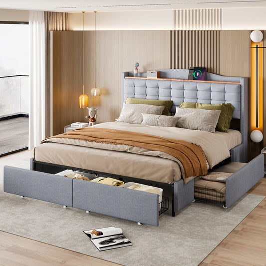 Upholstered Bed 160x200 Cm, Bedside Table With USB Charging Port And Shelf, Double Flat Bed With 4 Drawers, Linen Fabric Grey