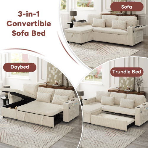 3 In 1 Convertible Corduroy Sofa Bed With Storage Chaise, L Shaped Sleeper Sofa Couches With Armrest Storage And Charging Station. Pullout Sectional Daybed For Living RoomBedroomOffice, Grey