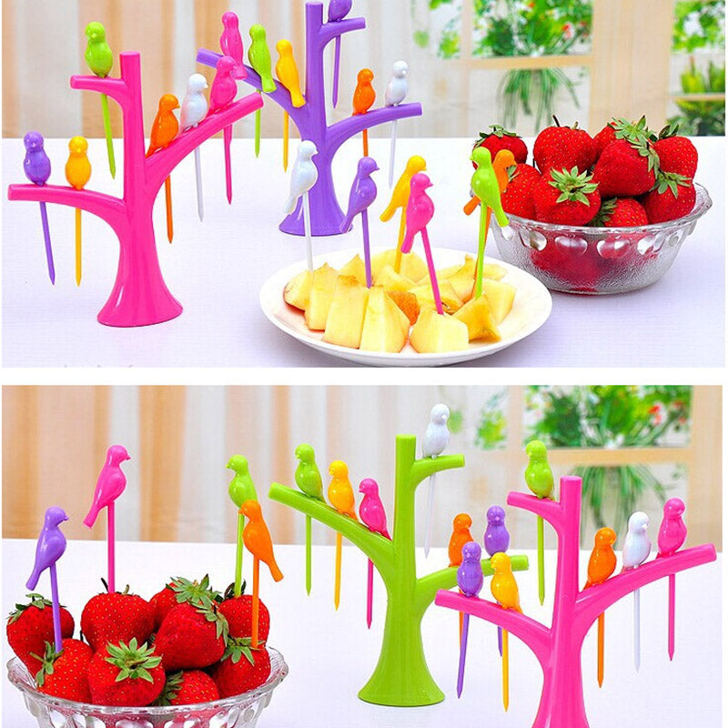 Food Picks For Kids Plastic Fruit Fork Tree Birds Dessert Fork Set Vegetable Food Cocktail Picks Dinnerware Food Decoration