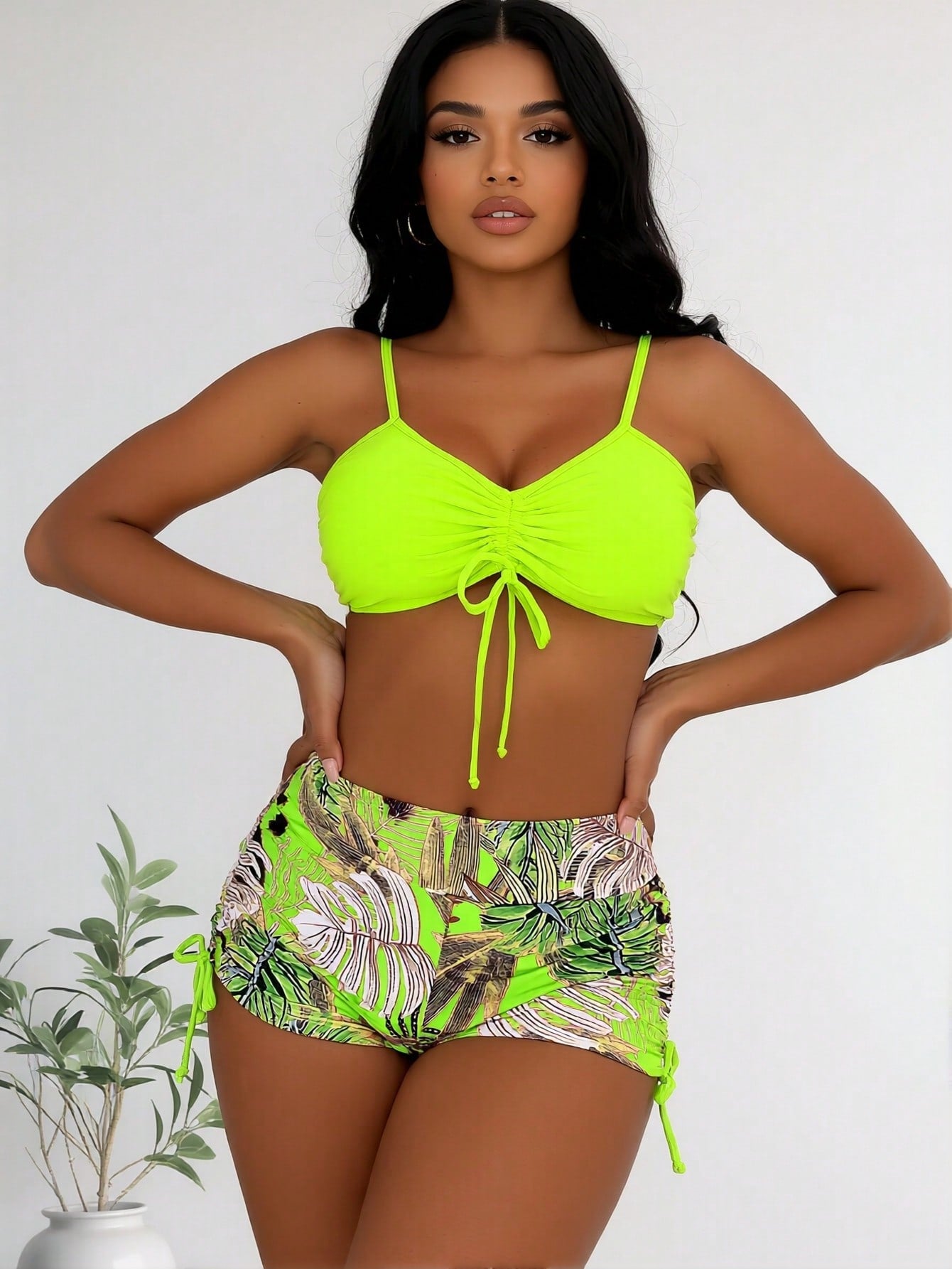 2026 New Neon Green Front Tie Bikini Top & Tropical Leaf Print Side Drawstring High Waist Shorts Two Piece Swimsuit