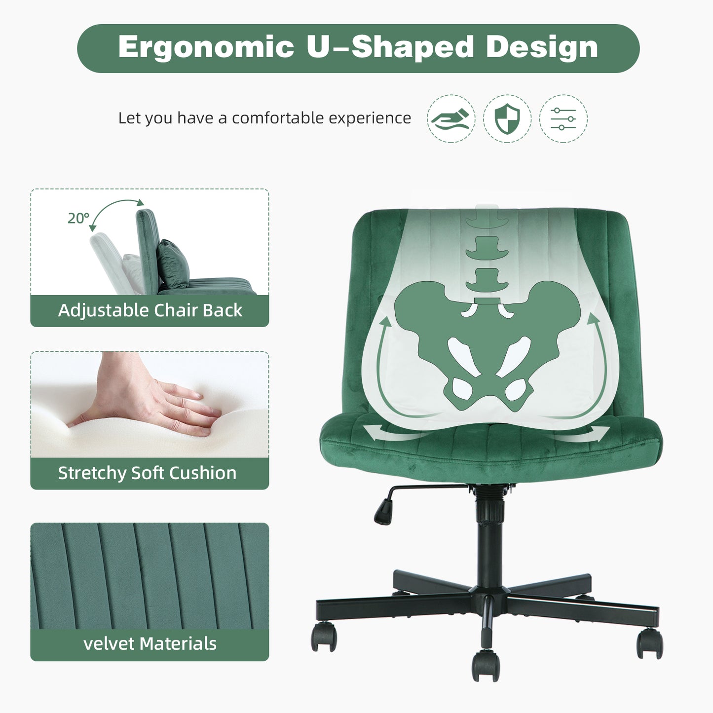 Modern Office Chair Home Office - Height-adjustable Swivel Chair Without Armrests With Quiet Castors & Upholstered Cushions - Elegant Fabric Office Chair For Study & Living Room