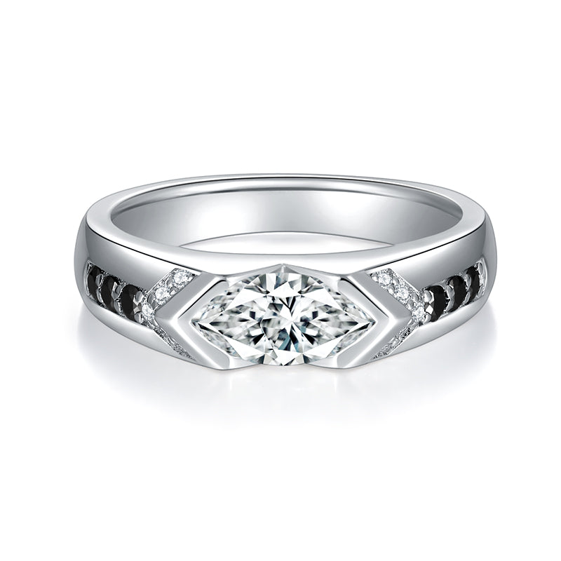 S925 Sterling Silver 1ct Marquise Moissanite Men's Ring, Geometric Silver With Black Accents, Platinum Plated, US Sizes 5-9, GRA Certificate Gift Box