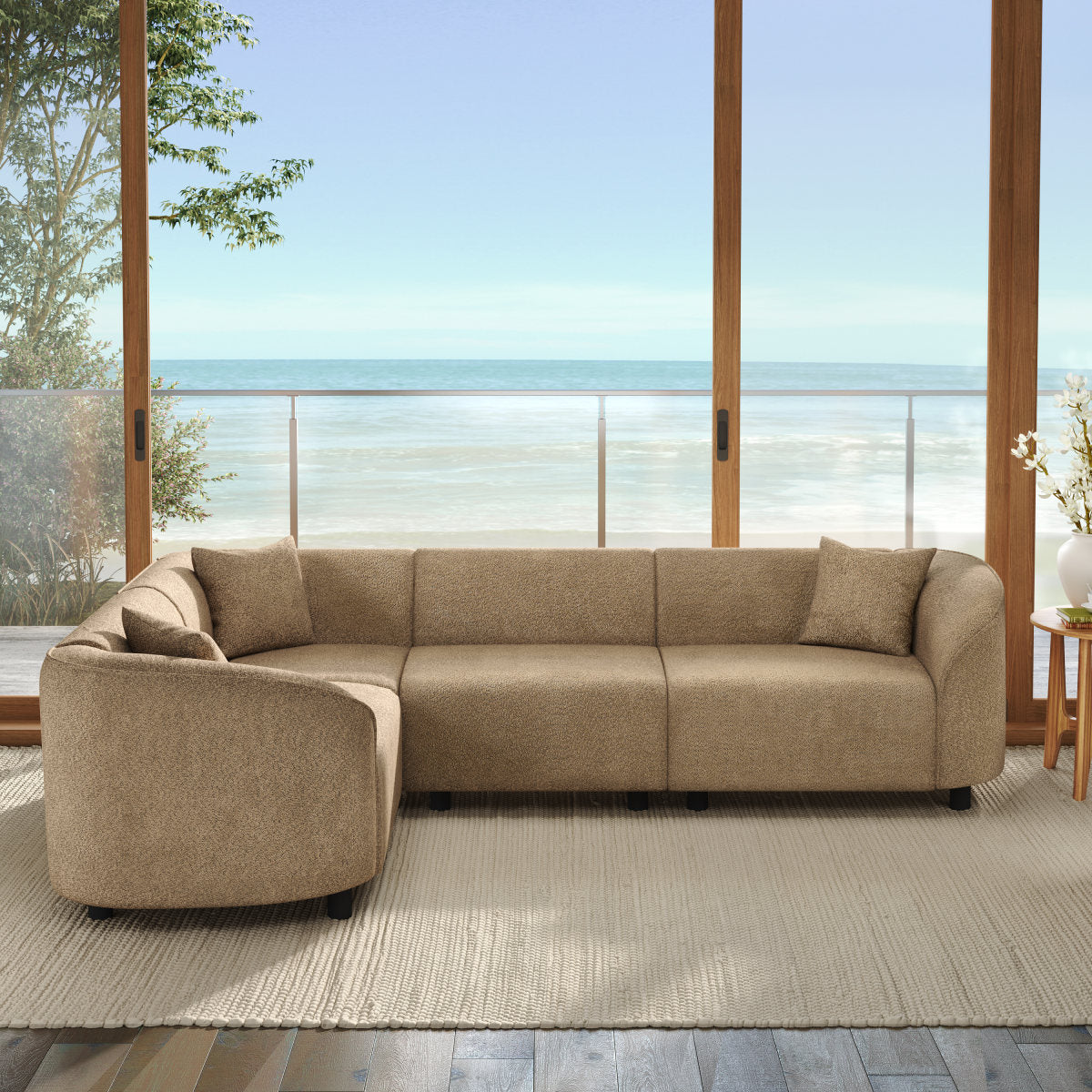 104" L-Shaped Curved Contemporary Sectional Sofa in Camel: Plush 4-Seater, Sculptural Design & Premium Bouclé Upholstery – Modern Luxury for Spacious Living