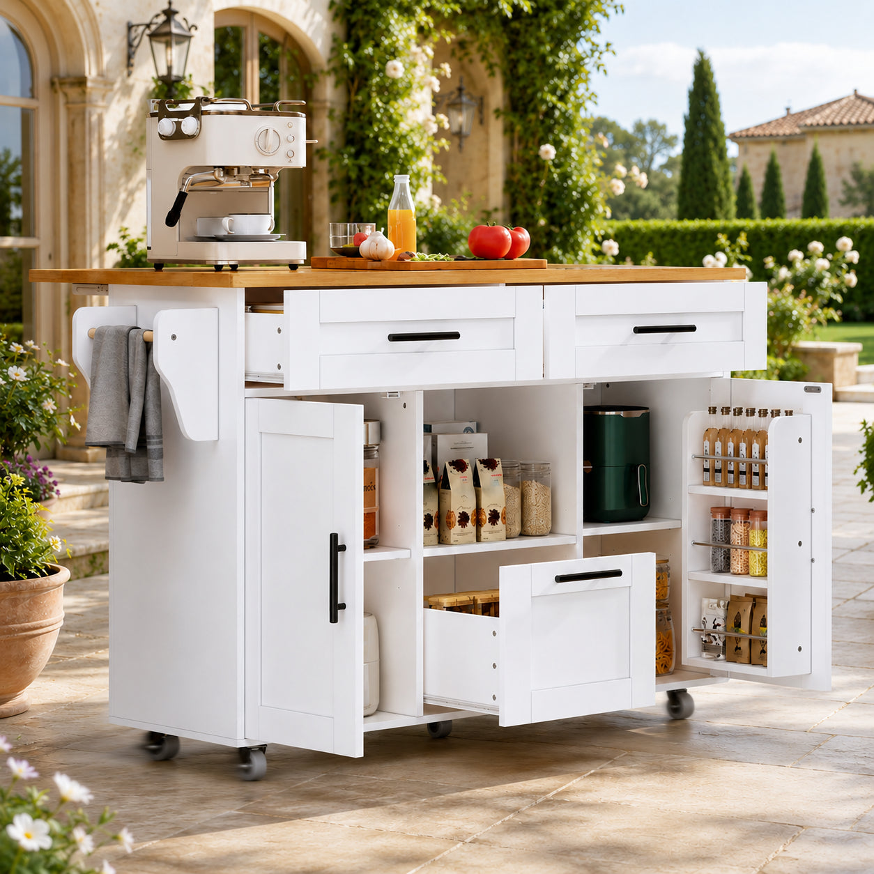 Kitchen Trolley Modern Nordic Style With 360 Universal Wheels, Storage Shelf With Drawers & Towel Rail, Folding Tray & Silent Spring Lock, Flexible Storage Design