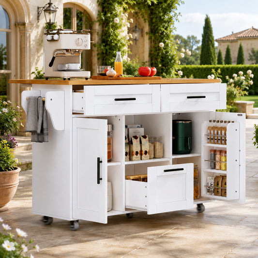 Kitchen Trolley Modern Nordic Style With 360 Universal Wheels, Storage Shelf With Drawers & Towel Rail, Folding Tray & Silent Spring Lock, Flexible Storage Design