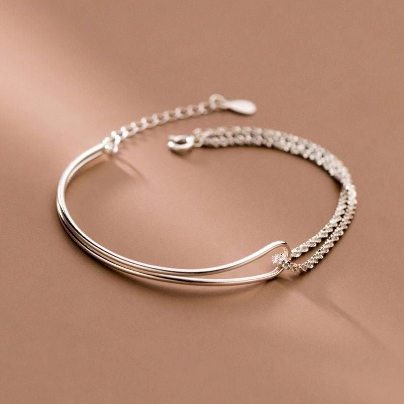 1pcs 999 Sterling Silver Double-Layer Bangle & Tennis Chain Bracelet, Delicate Luxury Style, Ideal For Birthday Gifts