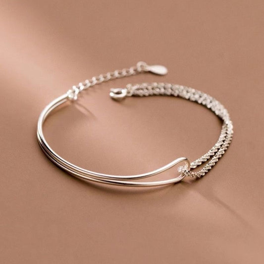 1pcs 999 Sterling Silver Double-Layer Bangle & Tennis Chain Bracelet, Delicate Luxury Style, Ideal For Birthday Gifts