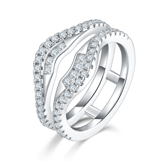 S925 Sterling Silver Double Band Ring, 54 D-VVS1 Moissanite Pave, Platinum Plated 4.7g US Sizes 5-9, GRA Certified Gift Box
