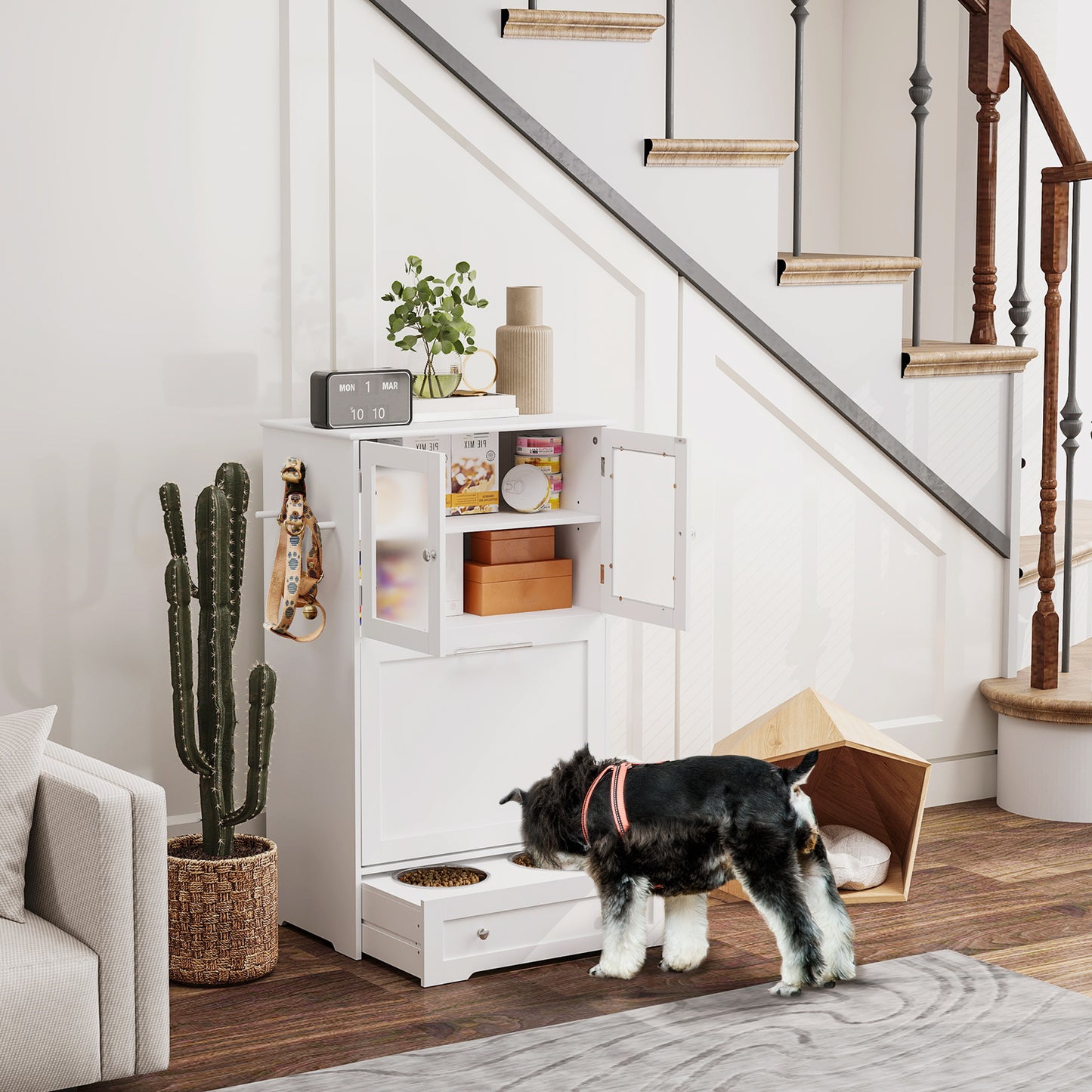 PawHut Dog Feeding Station With 2 Storage Cabinets, 2 Elevated Bowls, Side Hooks, Anti-tip Kit For Water And Feeding Supplies