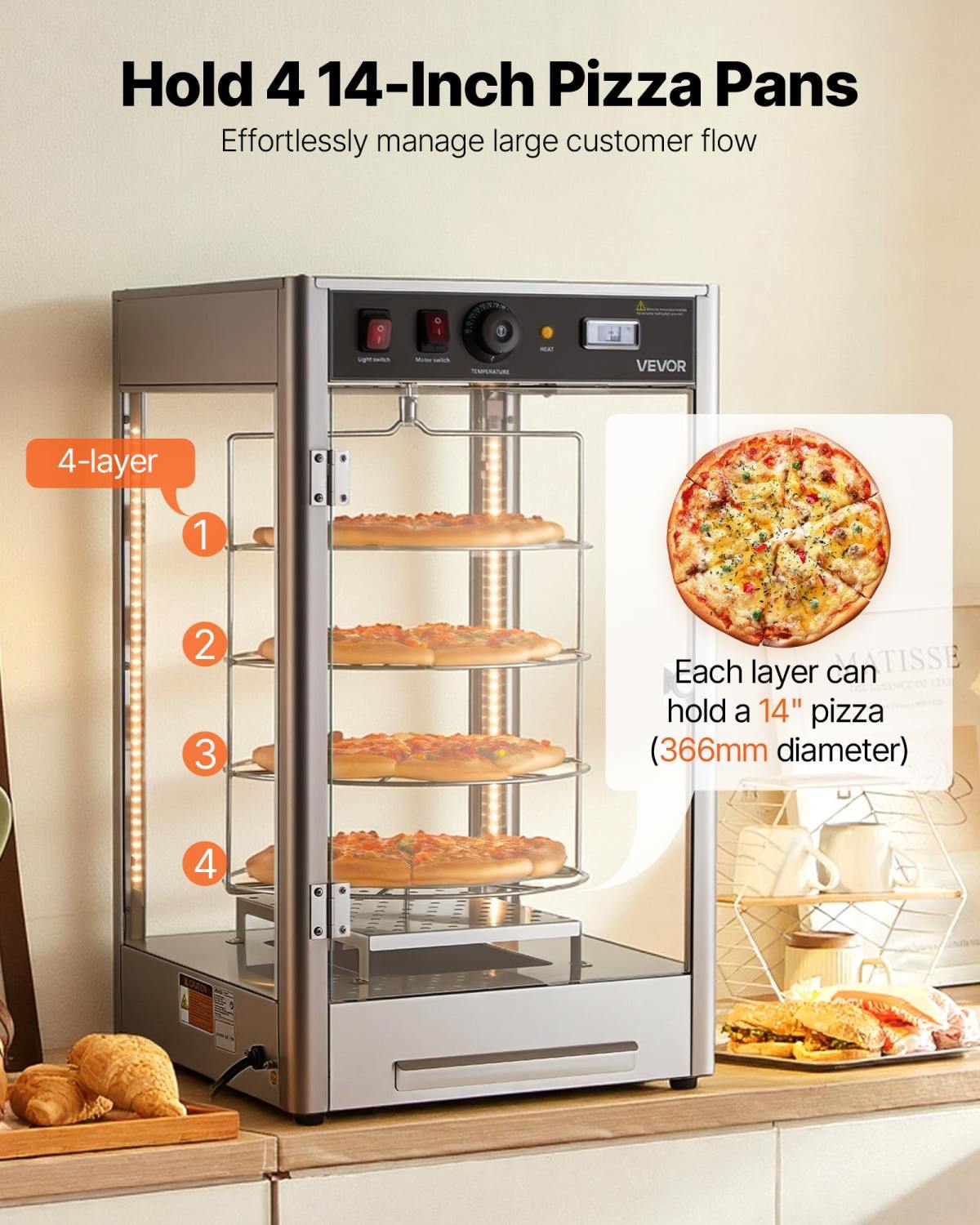 Commercial Food Warmer Display, 4-Tier Pizza Warmer With Rotary Steam Heating For 14 In Pizza, 86 F-185 F Temperature Control And Temp Display, 25W Oven Light  Top LED For Pizza Shop, Restaurant