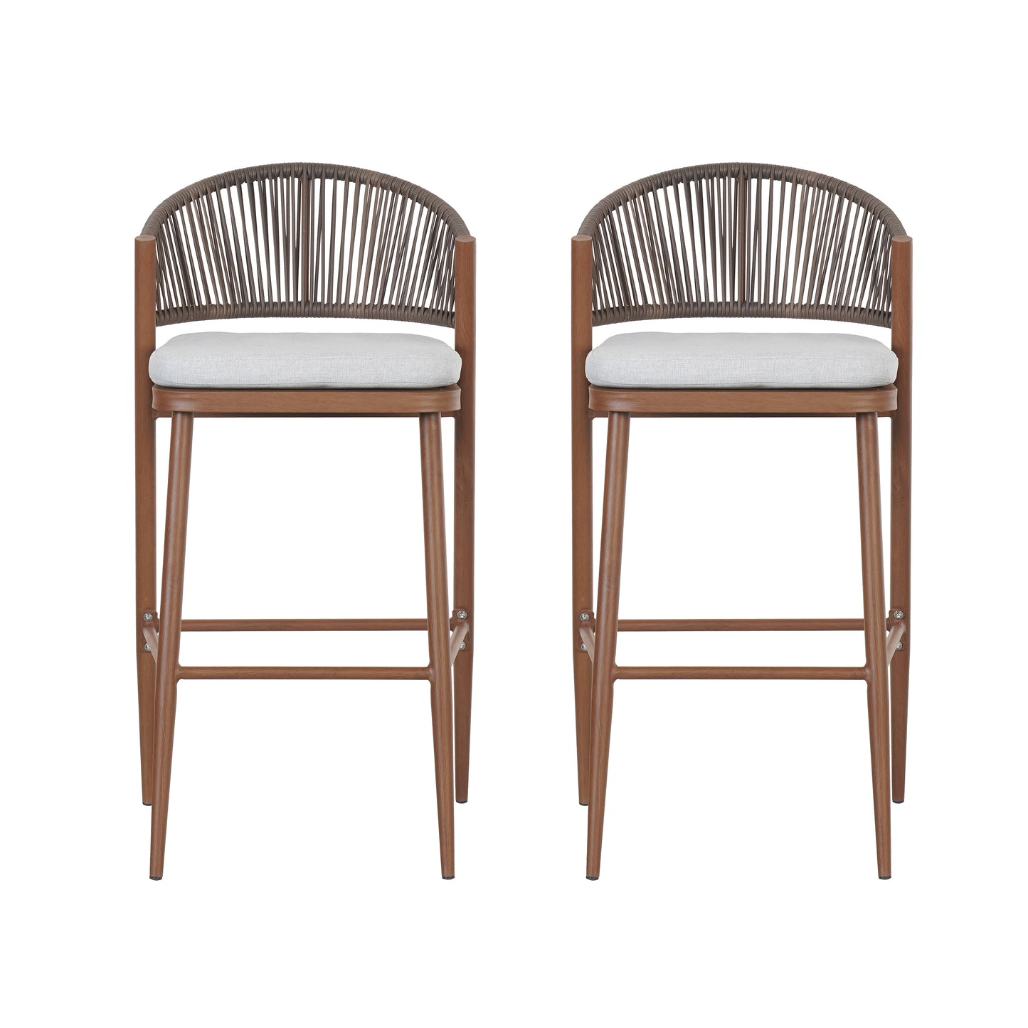 Outdoor 30.25 Seat Height Aluminum Frame Barstools With PE Rattan Scallop-shaped Backrest, Set Of 2, Teak Finish